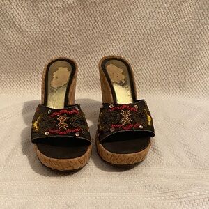 Embroidered Black and Gold Women's Wedge Sandals